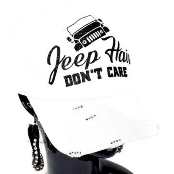 Jeep Hair Don't Care White Distressed Cap with Swarovski Crystals. - Picture 2 of 3